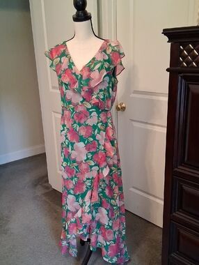 London Times Green Maxi Dress with Pink Floral Print